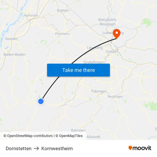 Dornstetten to Kornwestheim map