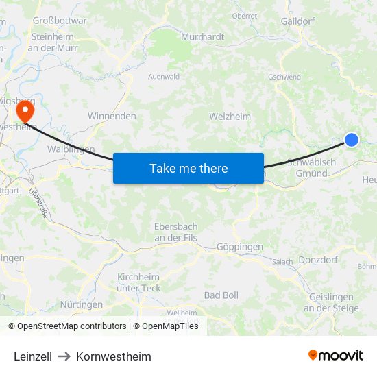 Leinzell to Kornwestheim map