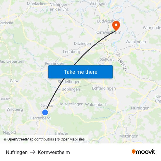 Nufringen to Kornwestheim map