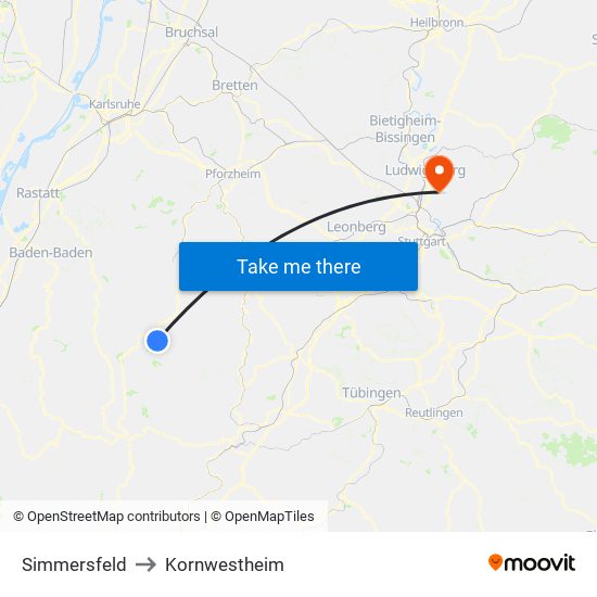 Simmersfeld to Kornwestheim map