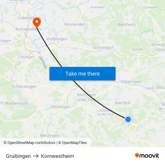 Gruibingen to Kornwestheim map