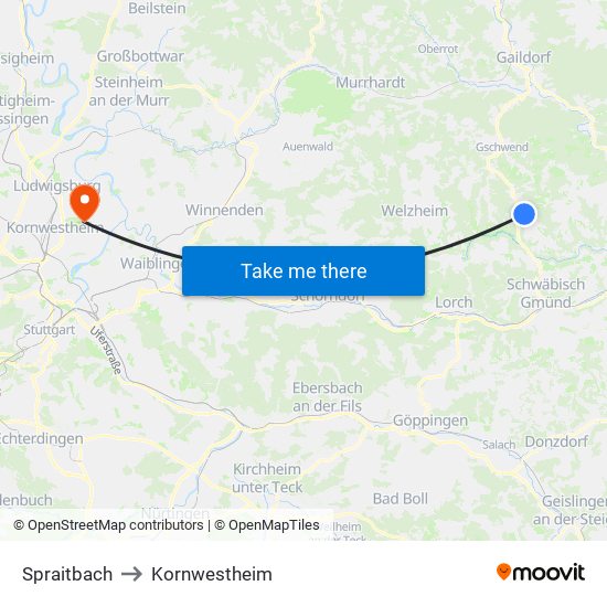 Spraitbach to Kornwestheim map