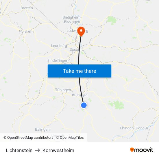 Lichtenstein to Kornwestheim map