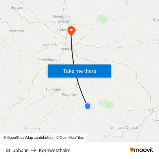 St. Johann to Kornwestheim map