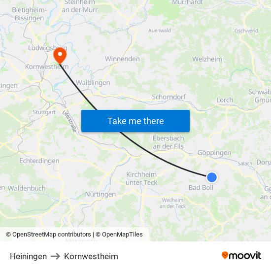 Heiningen to Kornwestheim map