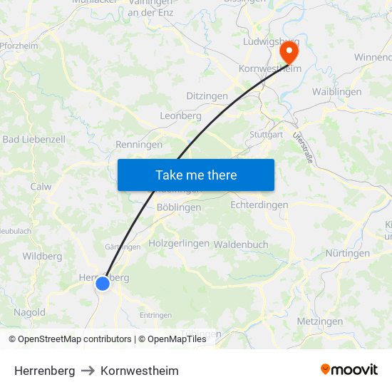 Herrenberg to Kornwestheim map