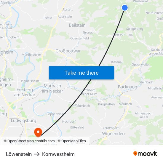 Löwenstein to Kornwestheim map