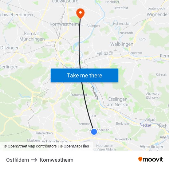 Ostfildern to Kornwestheim map