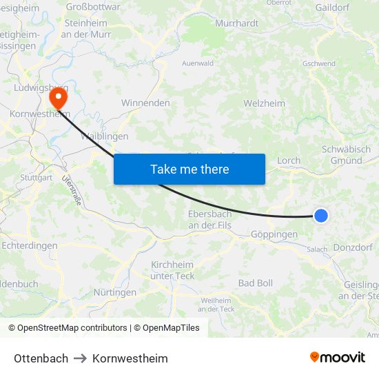 Ottenbach to Kornwestheim map