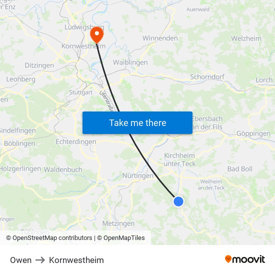 Owen to Kornwestheim map