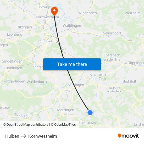 Hülben to Kornwestheim map