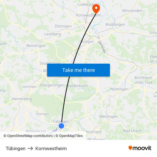 Tübingen to Kornwestheim map