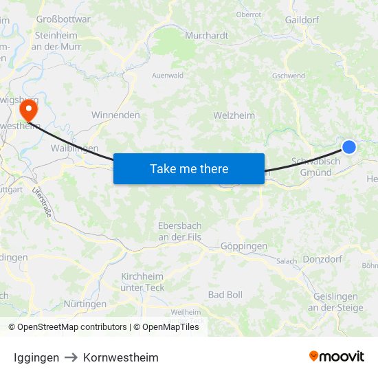 Iggingen to Kornwestheim map