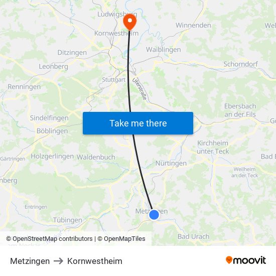 Metzingen to Kornwestheim map