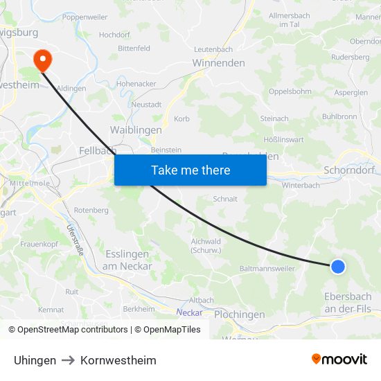 Uhingen to Kornwestheim map