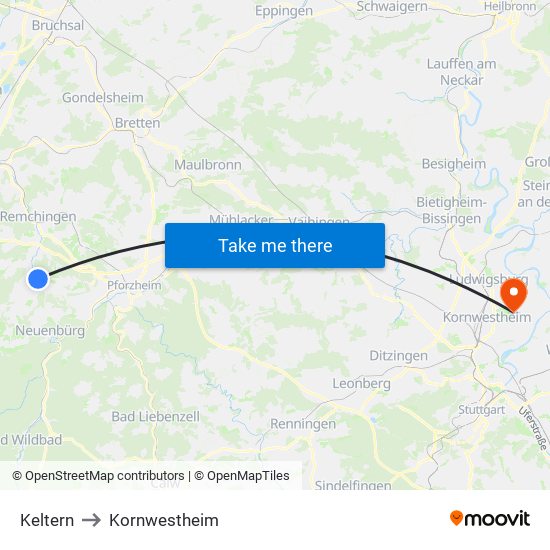 Keltern to Kornwestheim map