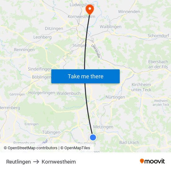 Reutlingen to Kornwestheim map