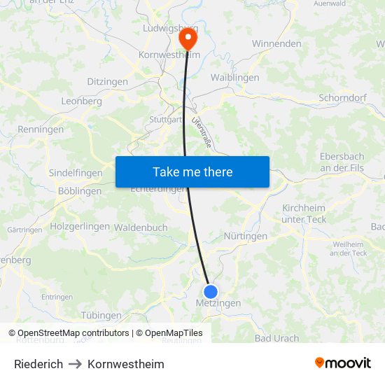 Riederich to Kornwestheim map