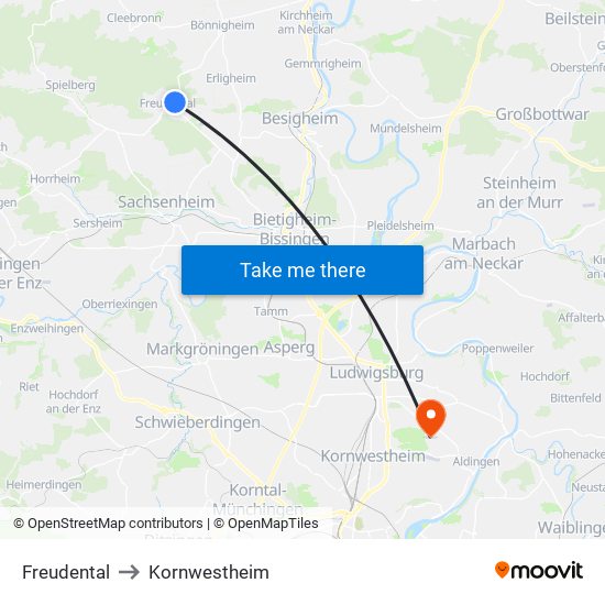 Freudental to Kornwestheim map