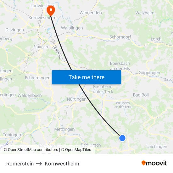 Römerstein to Kornwestheim map