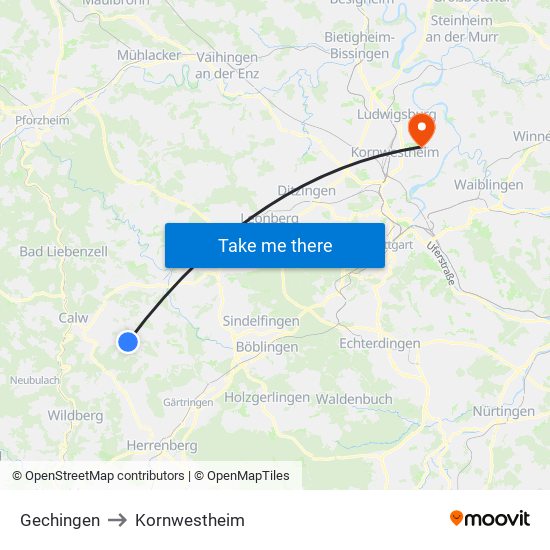 Gechingen to Kornwestheim map