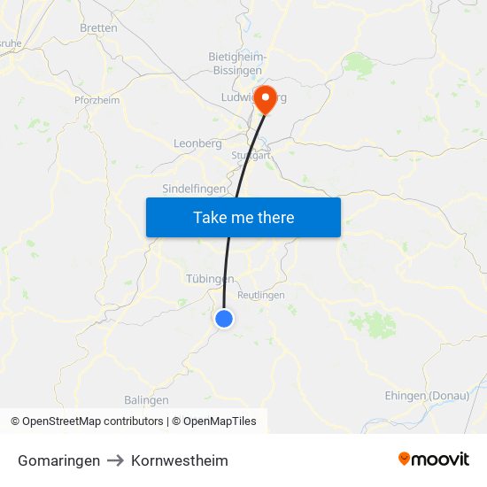 Gomaringen to Kornwestheim map