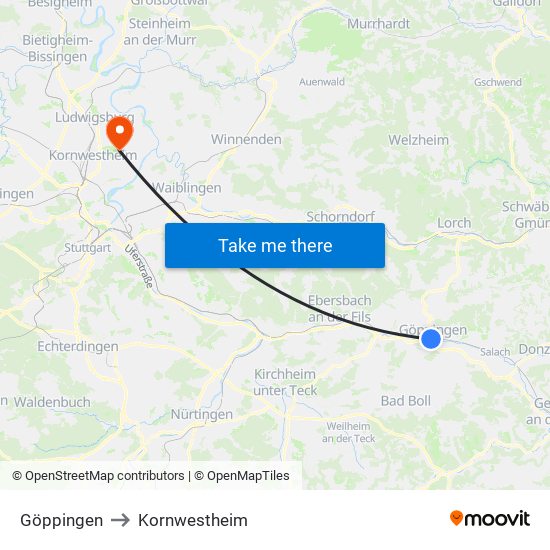 Göppingen to Kornwestheim map