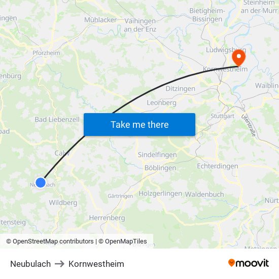 Neubulach to Kornwestheim map