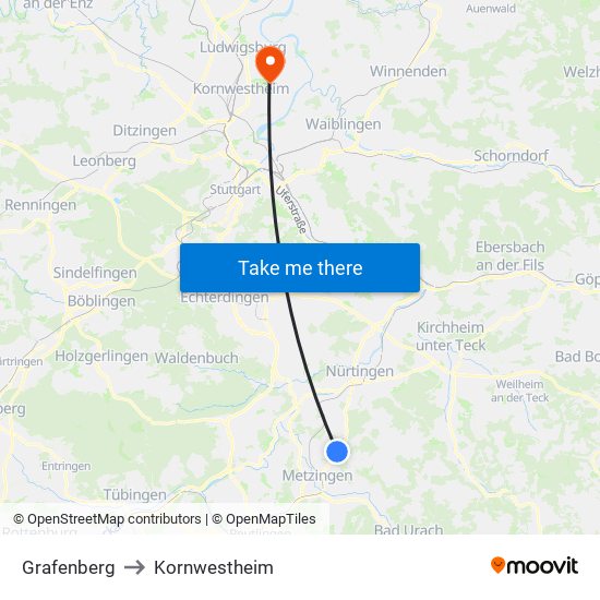 Grafenberg to Kornwestheim map