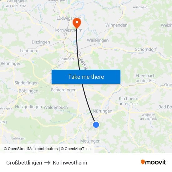Großbettlingen to Kornwestheim map