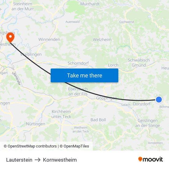 Lauterstein to Kornwestheim map