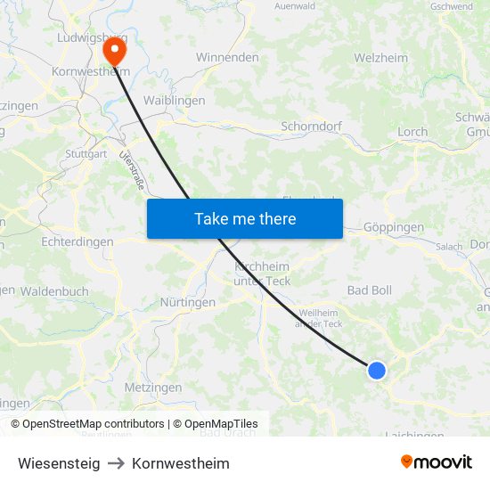 Wiesensteig to Kornwestheim map