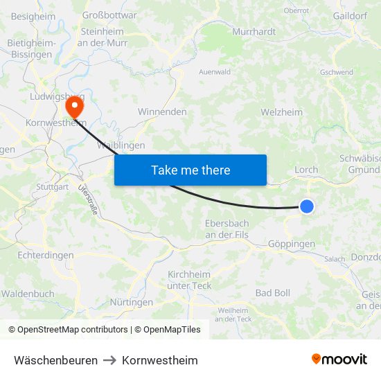 Wäschenbeuren to Kornwestheim map