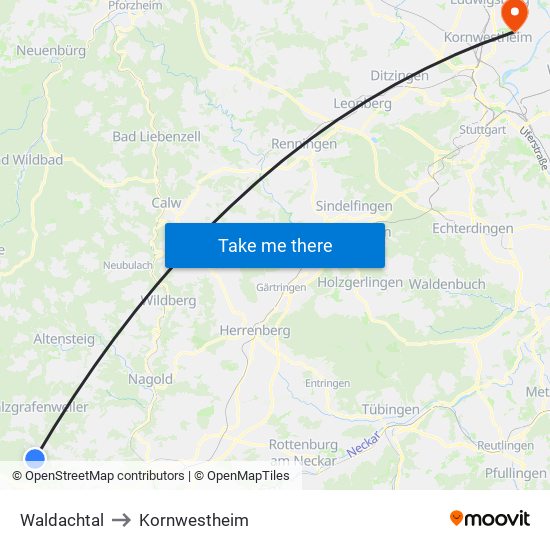 Waldachtal to Kornwestheim map