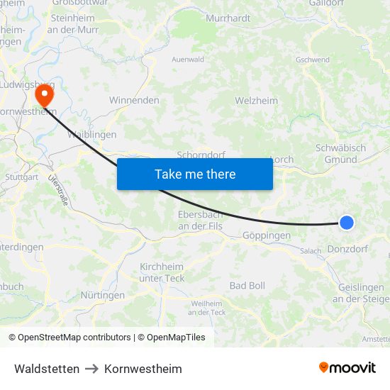 Waldstetten to Kornwestheim map