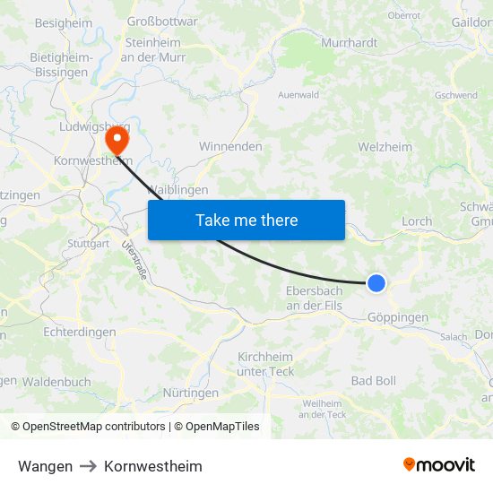 Wangen to Kornwestheim map