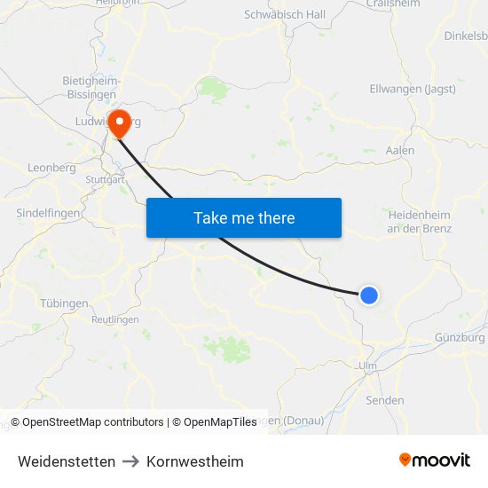 Weidenstetten to Kornwestheim map