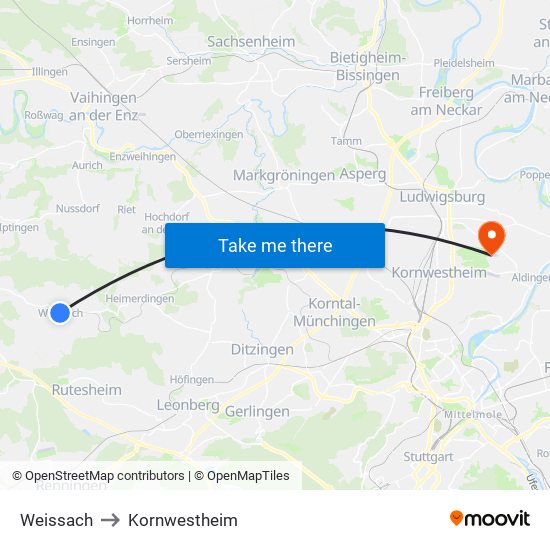 Weissach to Kornwestheim map