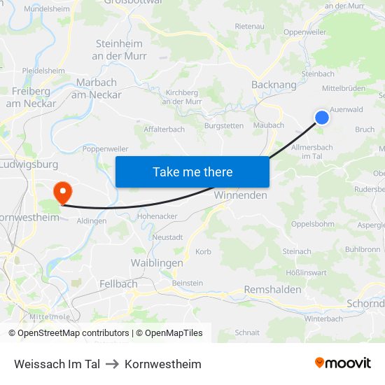 Weissach Im Tal to Kornwestheim map