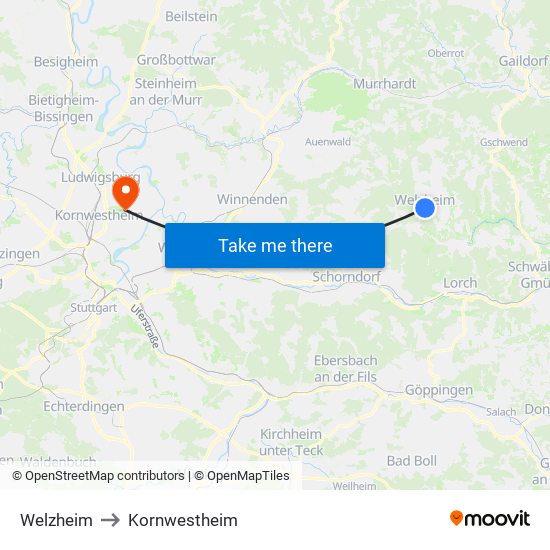 Welzheim to Kornwestheim map