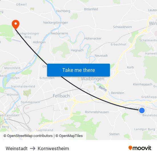 Weinstadt to Kornwestheim map