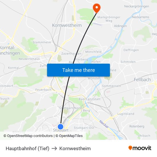 Hauptbahnhof (Tief) to Kornwestheim map