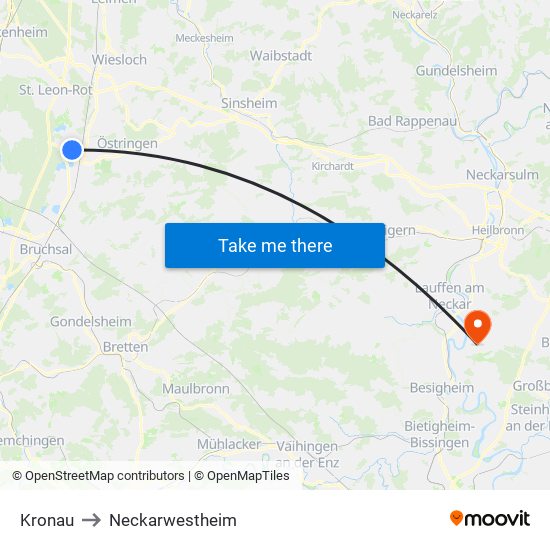 Kronau to Neckarwestheim map