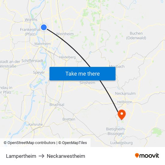 Lampertheim to Neckarwestheim map