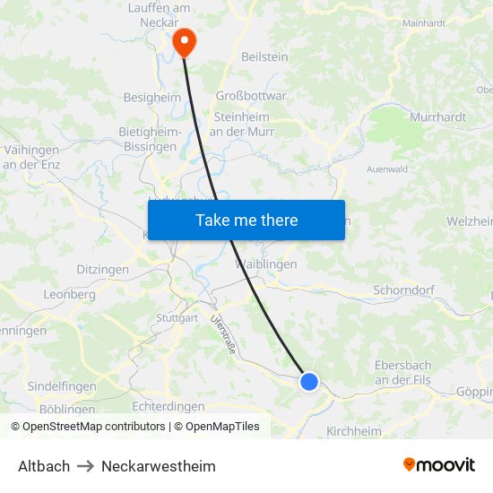 Altbach to Neckarwestheim map