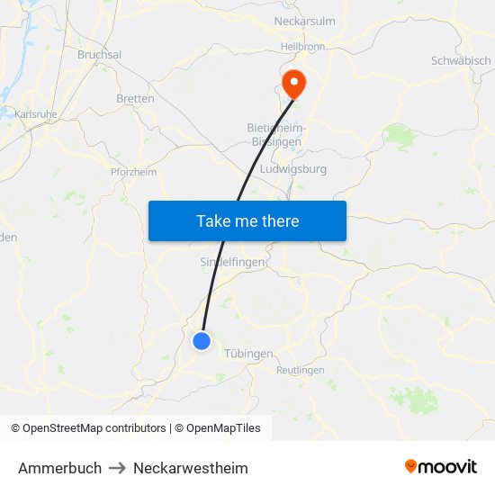 Ammerbuch to Neckarwestheim map