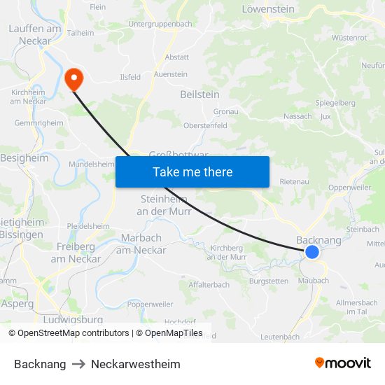 Backnang to Neckarwestheim map