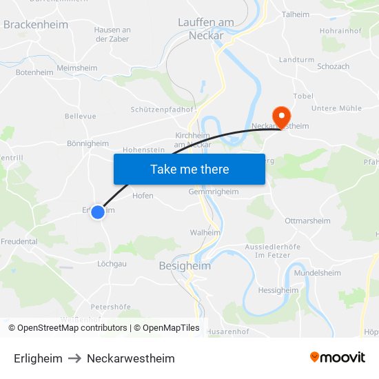 Erligheim to Neckarwestheim map