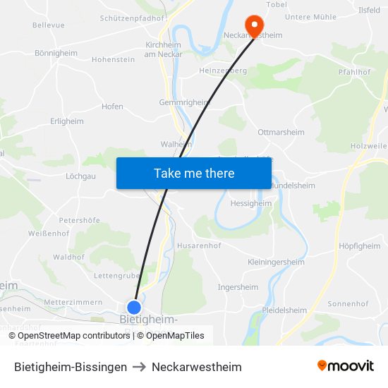 Bietigheim-Bissingen to Neckarwestheim map