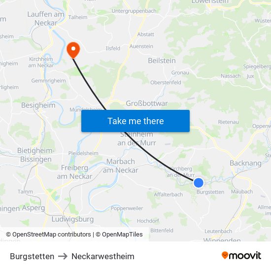 Burgstetten to Neckarwestheim map